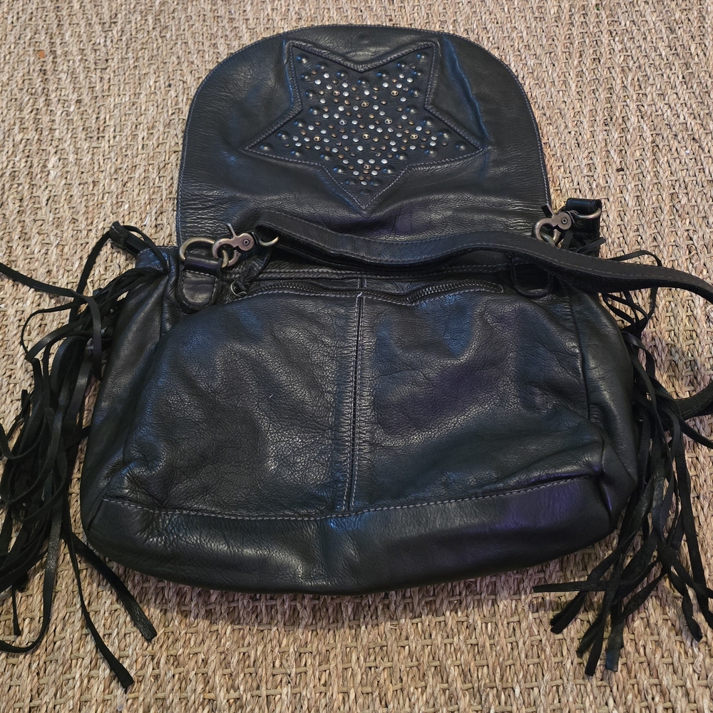Hyde Collection Black Leather Fringe Star Studded  Shoulder Bag